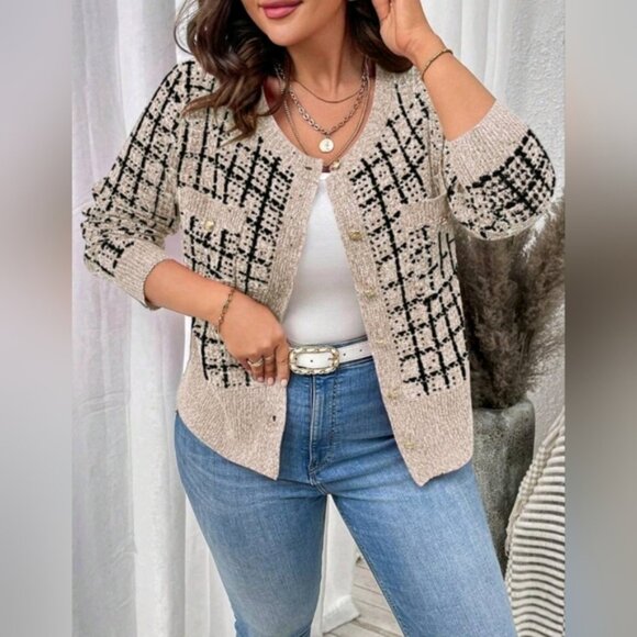 Women's New Chic Plaid Tweed Knit Cardigan Sweater PLUS Black Beige Cream Tan - Picture 1 of 6